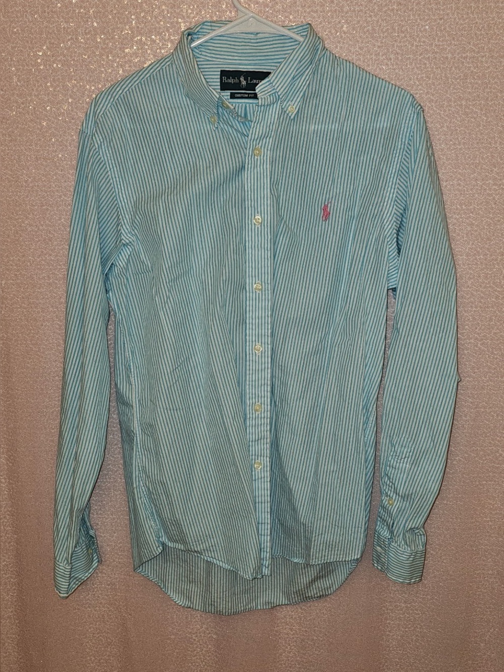 Ralph Lauren Light Blue and White Striped Button-Down Shirt with Pink Pony
